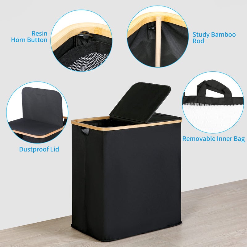 efluky Laundry Hamper with Lid, Double Laundry Hamper with 2 Removable Bags, 2 Section Laundry Basket with Bamboo Handles for Bathroom, Bedroom & Laundry Room, 140L (36.9 Gallon) Black - Image 2