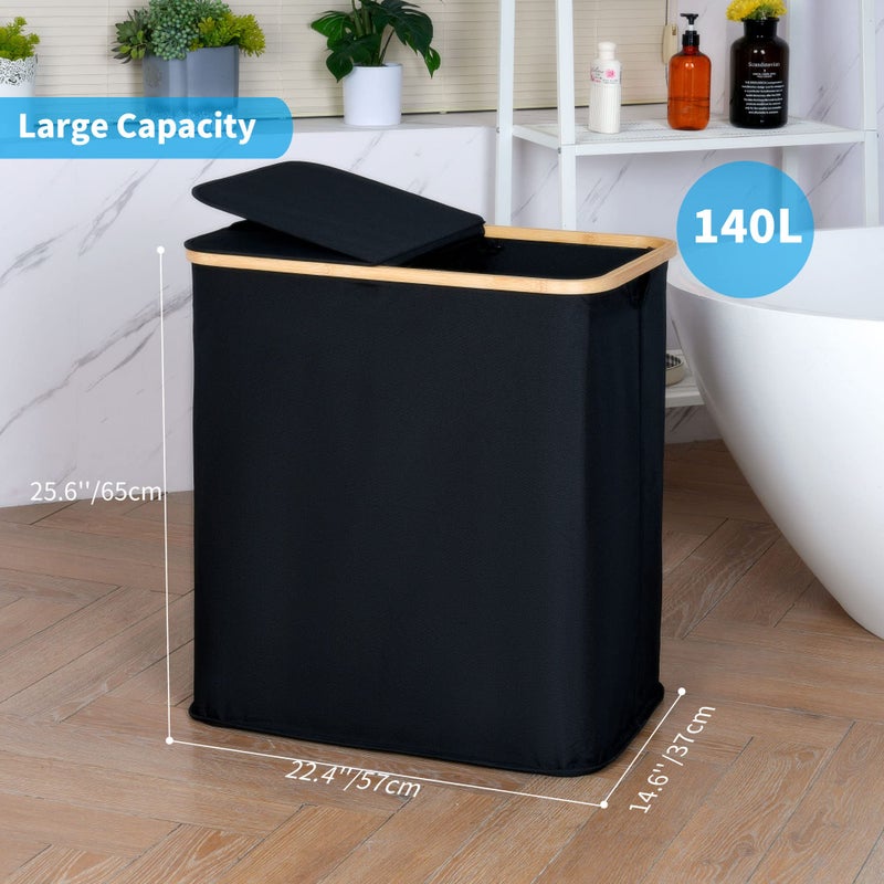 efluky Laundry Hamper with Lid, Double Laundry Hamper with 2 Removable Bags, 2 Section Laundry Basket with Bamboo Handles for Bathroom, Bedroom & Laundry Room, 140L (36.9 Gallon) Black - Image 5