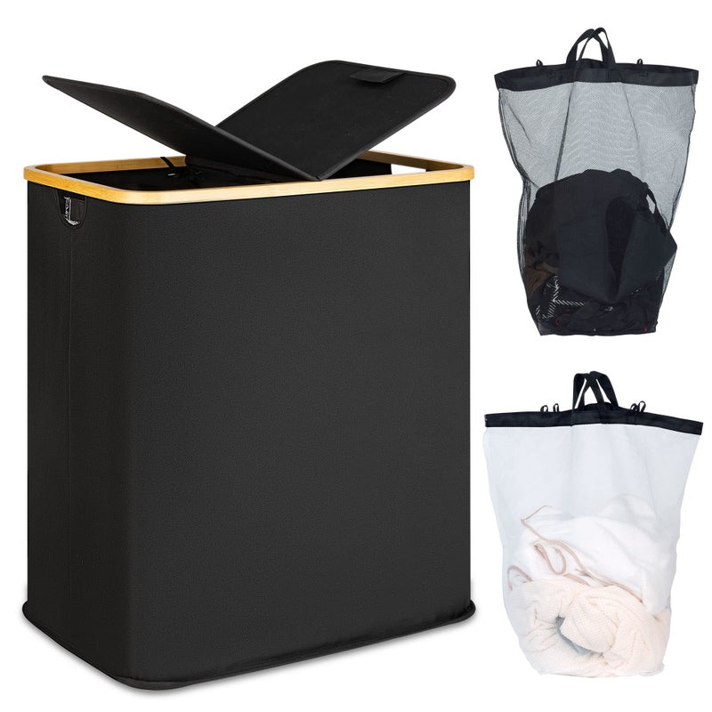 efluky Laundry Hamper with Lid, Double Laundry Hamper with 2 Removable Bags, 2 Section Laundry Basket with Bamboo Handles for Bathroom, Bedroom & Laundry Room, 140L (36.9 Gallon) Black - Image 1