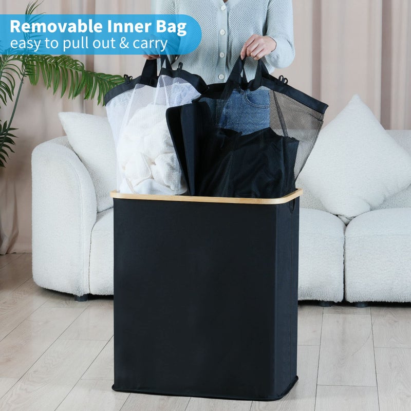efluky Laundry Hamper with Lid, Double Laundry Hamper with 2 Removable Bags, 2 Section Laundry Basket with Bamboo Handles for Bathroom, Bedroom & Laundry Room, 140L (36.9 Gallon) Black - Image 4