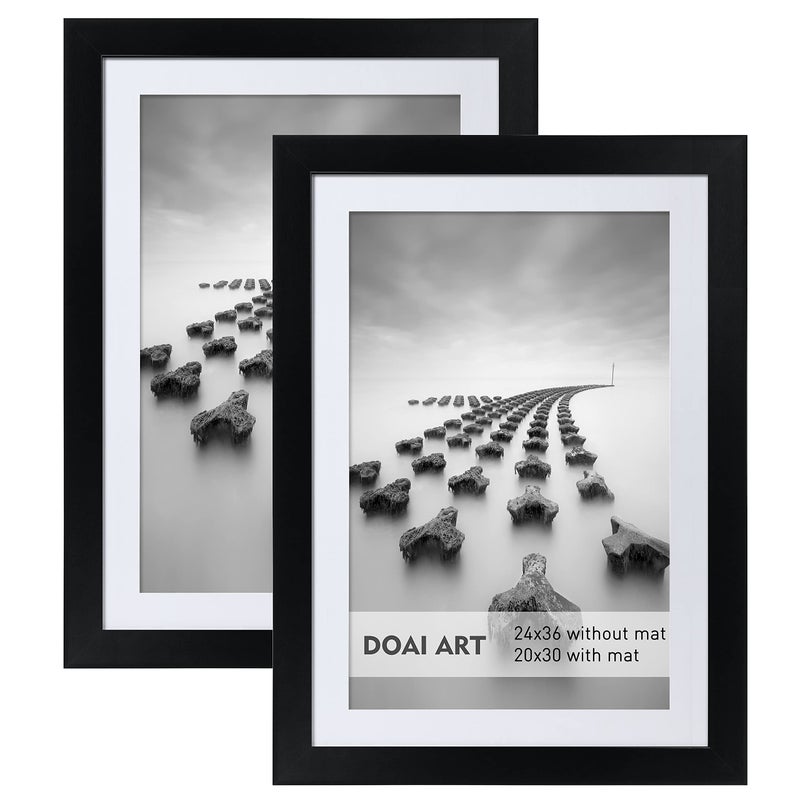 DOAI ART 24x36 Poster Frame Black 2 Pack without Mat or 20x30 Picture Frame with Mat  Polished Plexiglass for Wall Vertically or Horizontally Display  Wall Mounting Hardware Included
