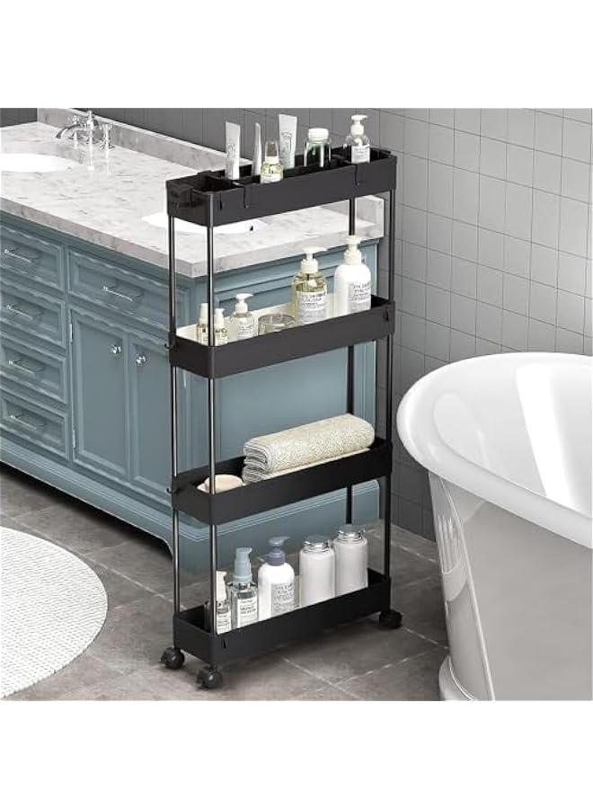 بيوينتي اوفرانك عربة تخزين رفيعة من 4 طبقات، منظم تخزين دوار/ وحدة رفوف متحركة منزلقة للخارج للمكتب والحمام والمطبخ وغرفة الغسيل والاماكن الضيقة، اسود - Image 1