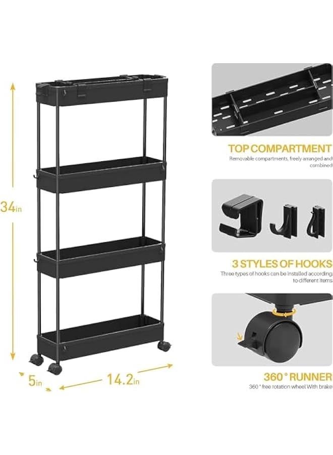 بيوينتي اوفرانك عربة تخزين رفيعة من 4 طبقات، منظم تخزين دوار/ وحدة رفوف متحركة منزلقة للخارج للمكتب والحمام والمطبخ وغرفة الغسيل والاماكن الضيقة، اسود - Image 4