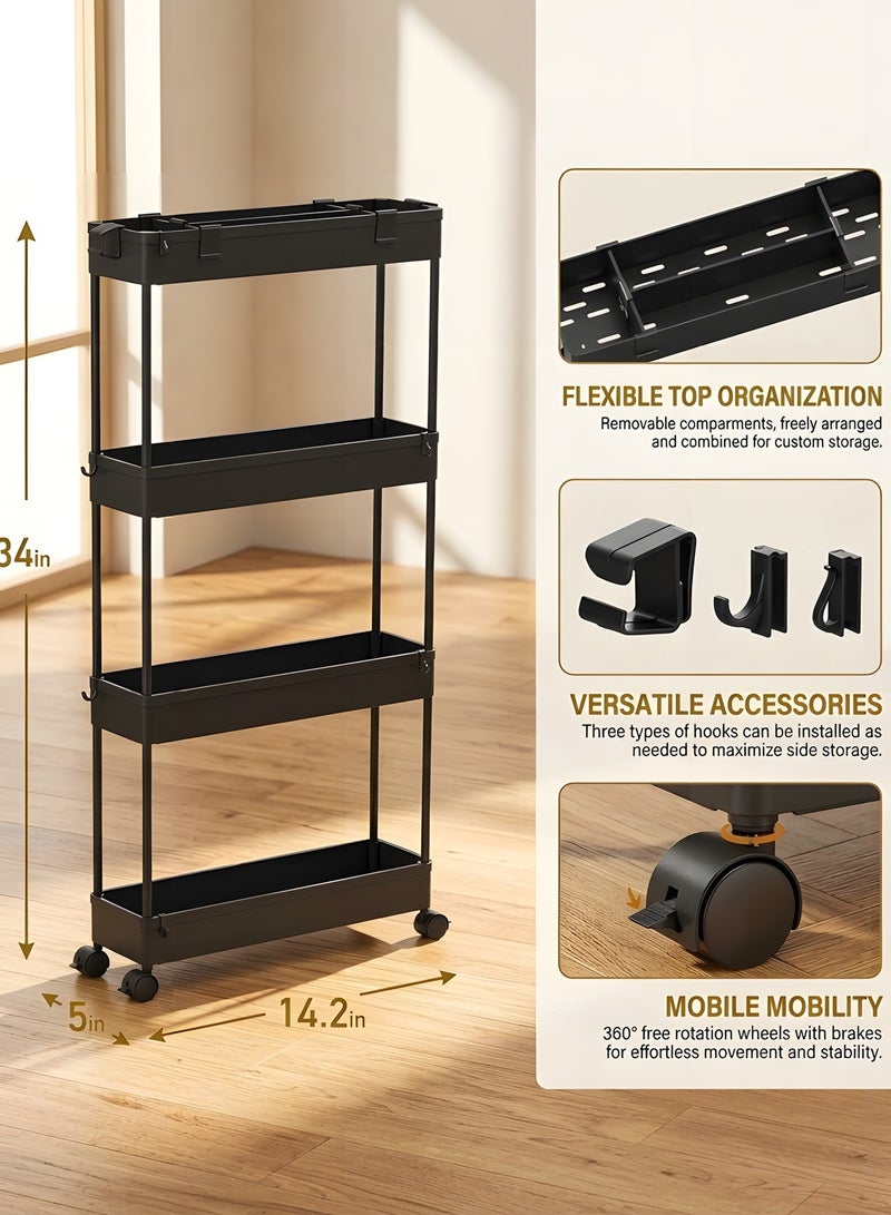 بيوينتي عربة تخزين نحيفة من 4 طبقات، منظم تخزين متحرك / وحدة رفوف متنقلة، عربة تخزين منزلقة للمكتب والحمام والمطبخ وغرفة الغسيل والأماكن الضيقة – أسود - Image 2