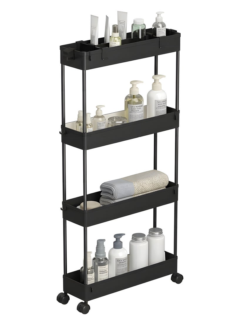 بيوينتي عربة تخزين نحيفة من 4 طبقات، منظم تخزين متحرك / وحدة رفوف متنقلة، عربة تخزين منزلقة للمكتب والحمام والمطبخ وغرفة الغسيل والأماكن الضيقة – أسود - Image 1