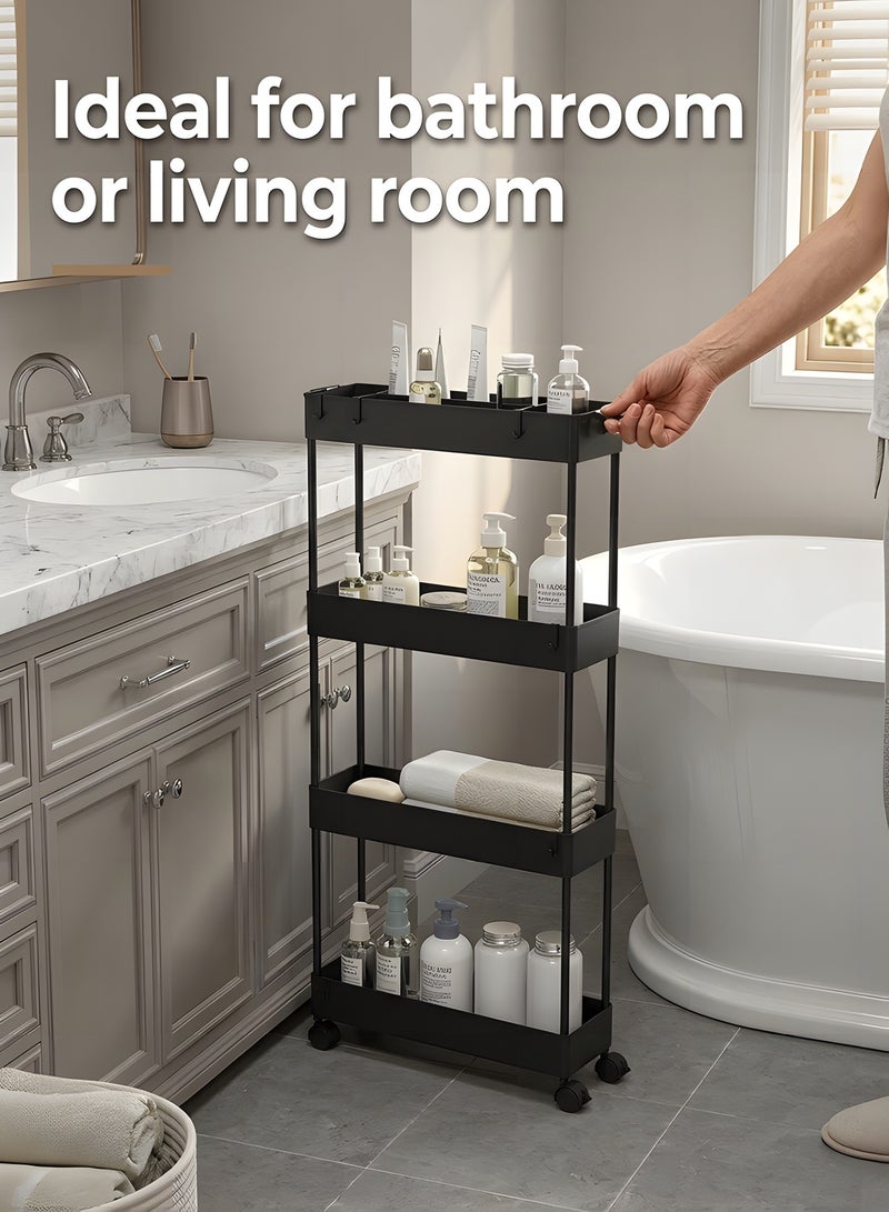 بيوينتي عربة تخزين نحيفة من 4 طبقات، منظم تخزين متحرك / وحدة رفوف متنقلة، عربة تخزين منزلقة للمكتب والحمام والمطبخ وغرفة الغسيل والأماكن الضيقة – أسود - Image 5