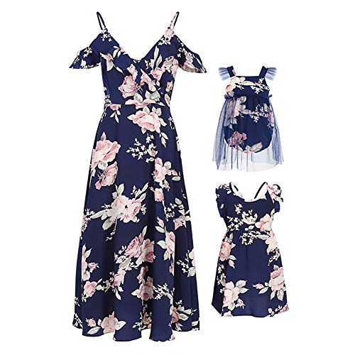 PopReal Mommy and Me Dresses Floral Print Cold Shoulder Ruffle Backless Strap Beach Midi Dress Summer - Image 1