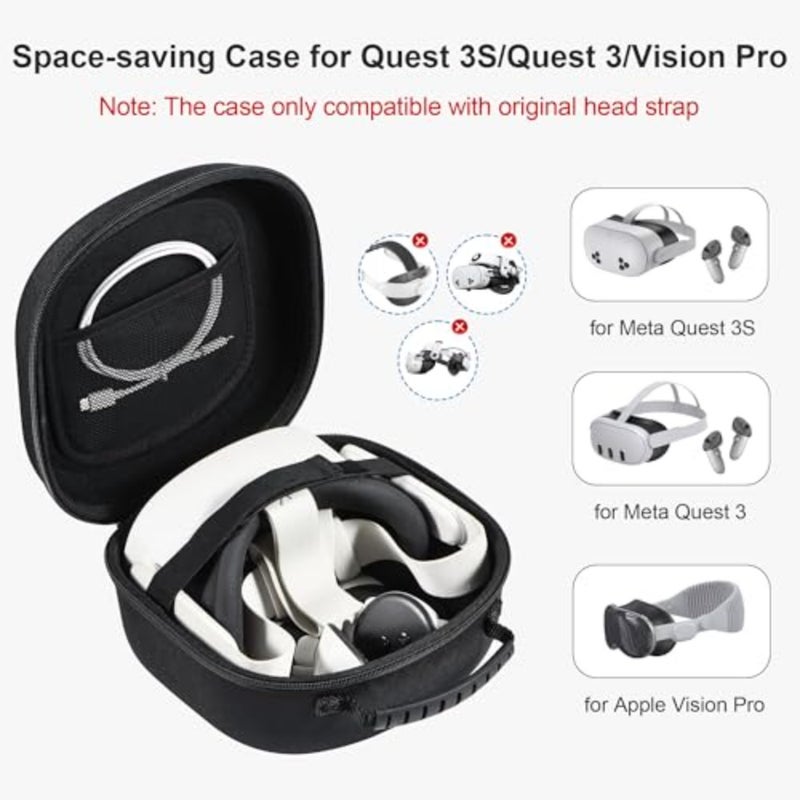 حقيبة حمل سماعة الرأس VR لجهاز Meta Quest 3S/3/Vision Pro: هيكل صلب متين، أسود، تصميم محمول موفر للمساحة مع وحدة تحكم وتخزين الملحقات - Image 4