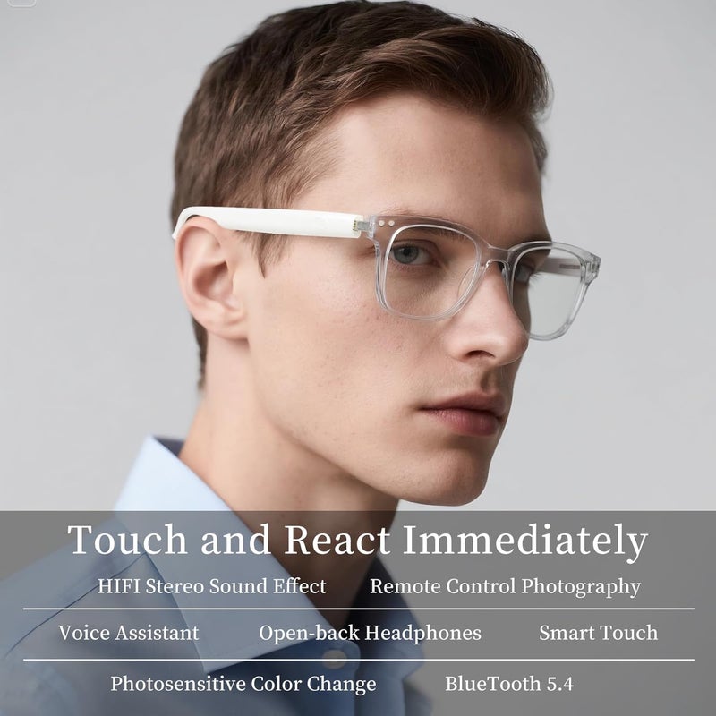 OKCSC Bluetooth Audio Glasses, Anti-Blue Light Protective Eyeglass Lenses, Semi-Open-Ear Smart Touch Eyewear for Music/Calls/Navigation, IPX5 Waterproof Indoor Outdoor Eyewear - Transparent Teal - Image 5