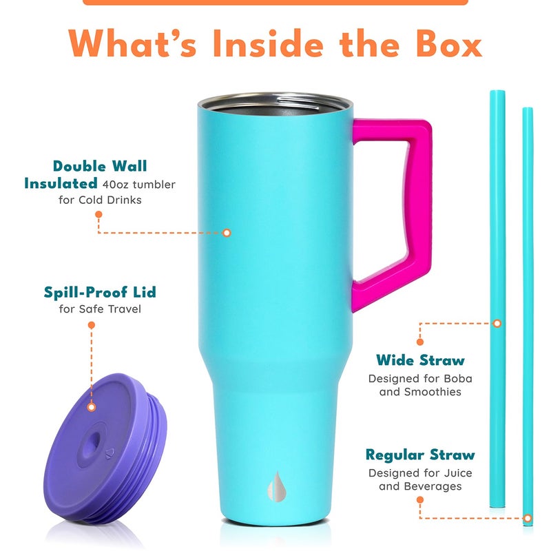 Elemental 40 oz Tumbler with Handle and Straw - Spill Proof Insulated Stainless Steel Commuter for Cold Beverages - Travel Coffee Mug with 2 Straws & Spill Proof Lid - 40oz - Blue Tie Dye - Image 3