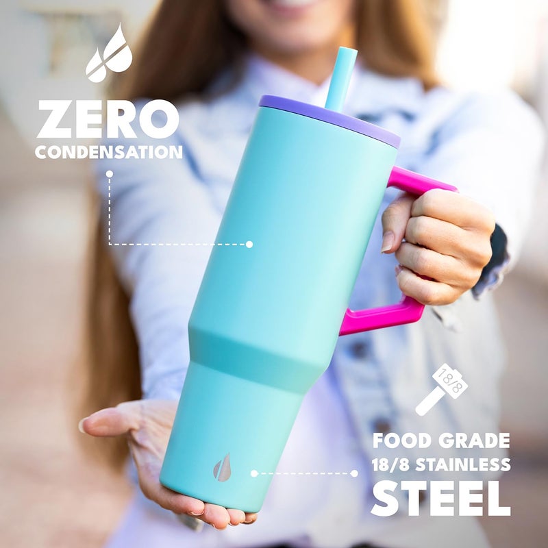 Elemental 40 oz Tumbler with Handle and Straw - Spill Proof Insulated Stainless Steel Commuter for Cold Beverages - Travel Coffee Mug with 2 Straws & Spill Proof Lid - 40oz - Blue Tie Dye - Image 5