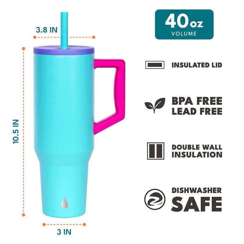 Elemental 40 oz Tumbler with Handle and Straw - Spill Proof Insulated Stainless Steel Commuter for Cold Beverages - Travel Coffee Mug with 2 Straws & Spill Proof Lid - 40oz - Blue Tie Dye - Image 2