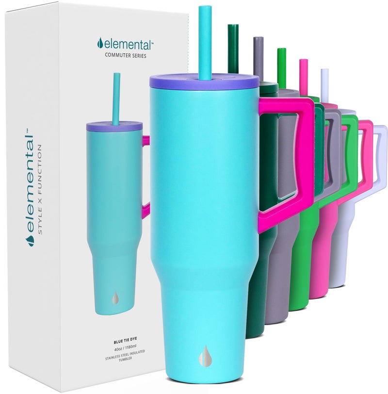 Elemental 40 oz Tumbler with Handle and Straw - Spill Proof Insulated Stainless Steel Commuter for Cold Beverages - Travel Coffee Mug with 2 Straws & Spill Proof Lid - 40oz - Blue Tie Dye - Image 1