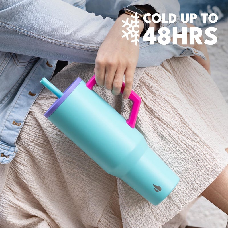 Elemental 40 oz Tumbler with Handle and Straw - Spill Proof Insulated Stainless Steel Commuter for Cold Beverages - Travel Coffee Mug with 2 Straws & Spill Proof Lid - 40oz - Blue Tie Dye - Image 4