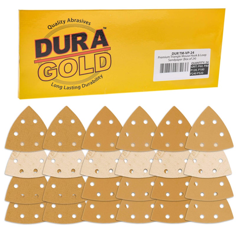 DuraGold Premium Triangle Mouse Sanding Sheets Variety Pack 60 80 120 180 240 320 Grit 4 Each 24 Total 6 Hole Pattern Hook Loop Triangular Shaped Sander Discs Aluminum Oxide Sandpaper