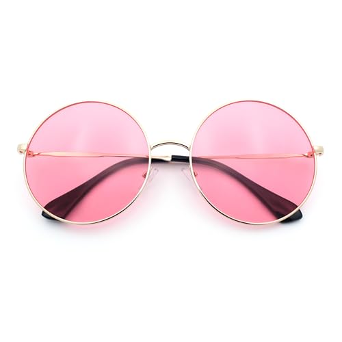 SA106 Classic Oversize Style Hippie Round Circle Lens Sunglasses Gold Frame - Pink Lens - Image 1