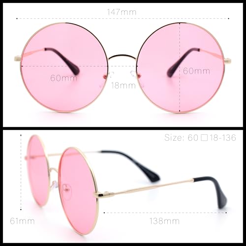 SA106 Classic Oversize Style Hippie Round Circle Lens Sunglasses Gold Frame - Pink Lens - Image 5