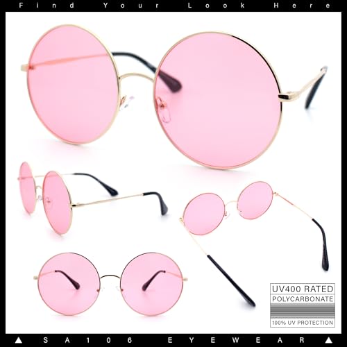 SA106 Classic Oversize Style Hippie Round Circle Lens Sunglasses Gold Frame - Pink Lens - Image 2