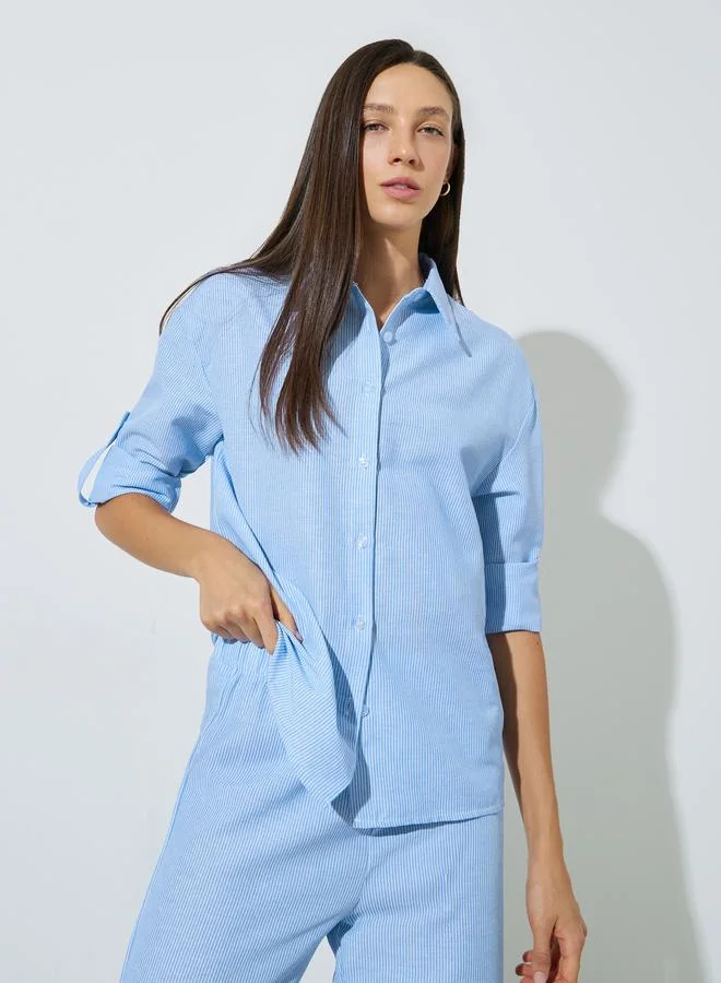 Styli Blue Striped Shirt and Pants Co-Ord Set