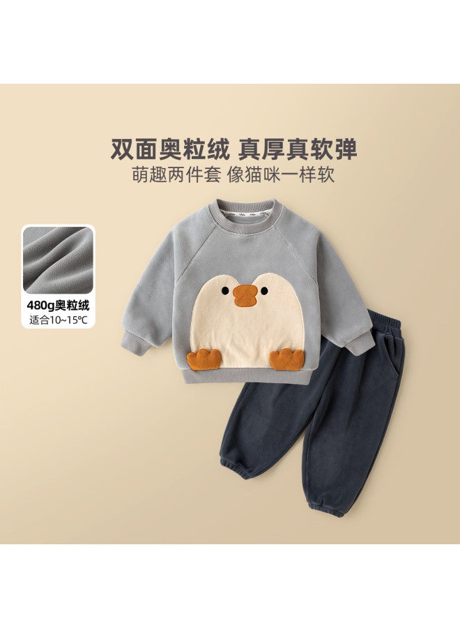 Doodle Home kids' Winter Set - Cartoon Print Fleece-lined Two-piece Outfit, Cozy & Stylish Unisex Baby Sportswear - Image 2