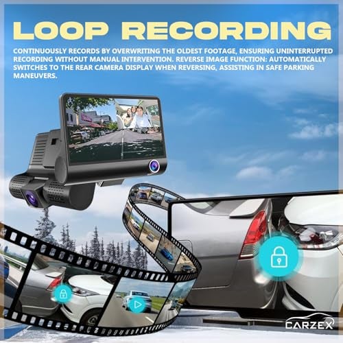 Carzex 3 Camera 1080P Dash Camera 4 inch Screen 3 Channel DVR for Car Front, Rear & Cabin Recording with G-Sensor Loop Recording Security Camera Upto 32GB Micro SD Supported - Image 2