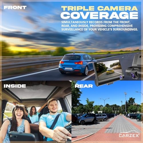 Carzex 3 Camera 1080P Dash Camera 4 inch Screen 3 Channel DVR for Car Front, Rear & Cabin Recording with G-Sensor Loop Recording Security Camera Upto 32GB Micro SD Supported - Image 5
