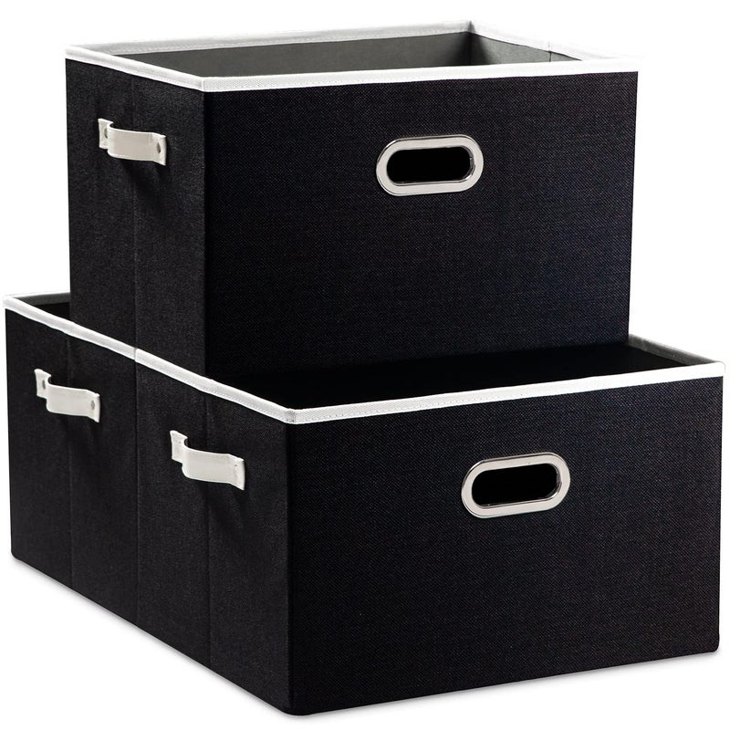 PRANDOM Larger Collapsible Storage Bins for Closet 3pack Decorative Linen Fabric Storage Baskets Cubes with LeatherMetal Handles for Living Room Black 173x122x104 Inch