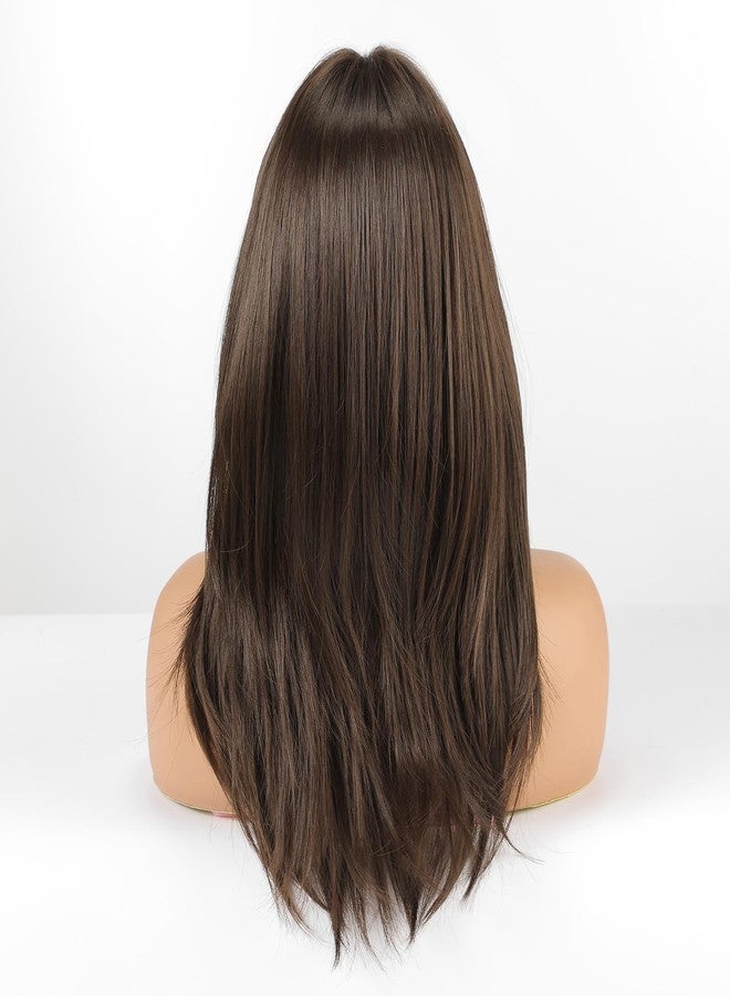Allbell Dark Brown Wig with Curtain Bangs Medium Length Layered Hair Wig for Women Heat Resistant Synthetic Wigs for Daily Use - Image 3