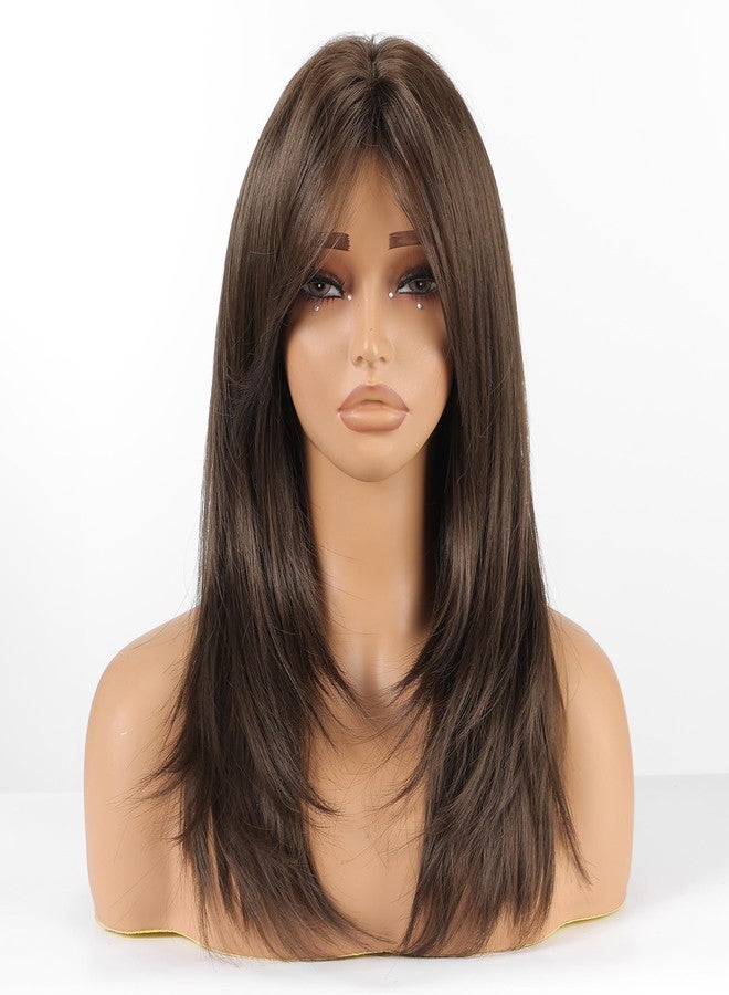 Allbell Dark Brown Wig with Curtain Bangs Medium Length Layered Hair Wig for Women Heat Resistant Synthetic Wigs for Daily Use - Image 2