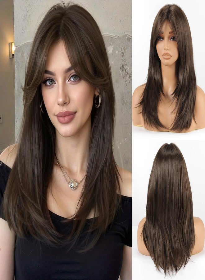 Allbell Dark Brown Wig with Curtain Bangs Medium Length Layered Hair Wig for Women Heat Resistant Synthetic Wigs for Daily Use - Image 1