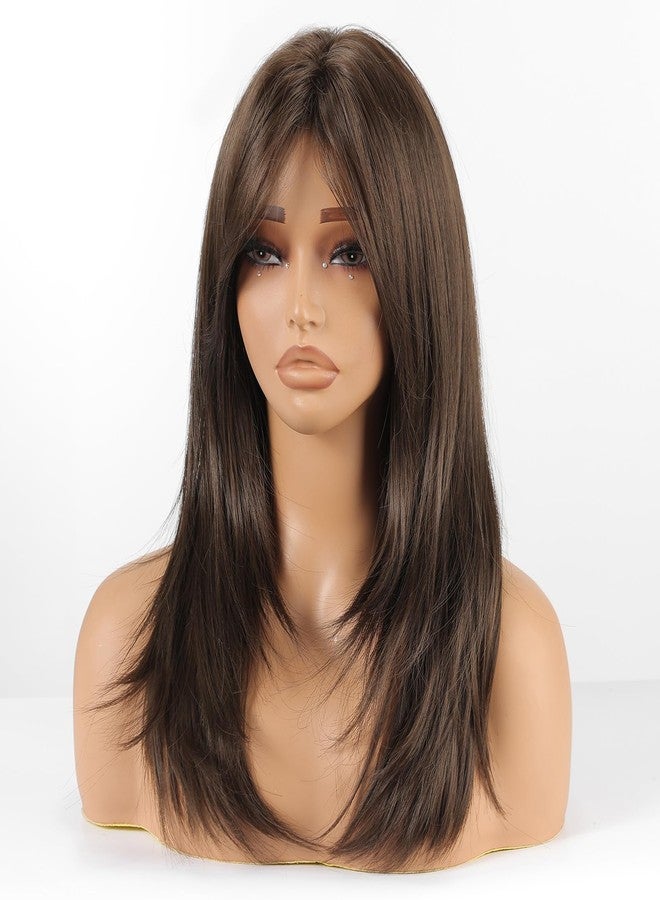 Allbell Dark Brown Wig with Curtain Bangs Medium Length Layered Hair Wig for Women Heat Resistant Synthetic Wigs for Daily Use - Image 4