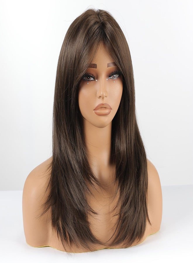 Allbell Dark Brown Wig with Curtain Bangs Medium Length Layered Hair Wig for Women Heat Resistant Synthetic Wigs for Daily Use - Image 5