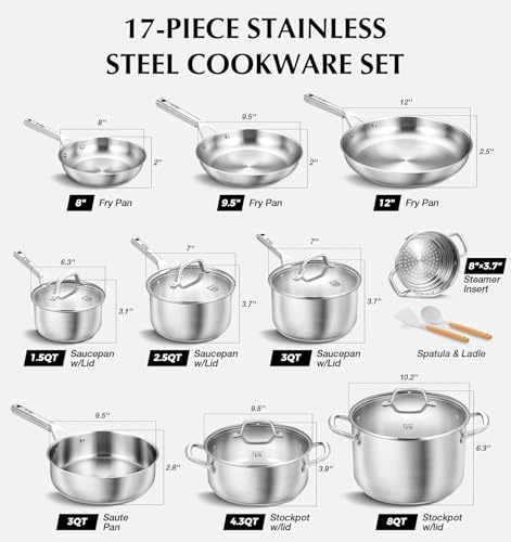 KOCH SYSTEME CS Stainless Steel Cookware Set 17 Piece, Professional 18/10 Stianless Steel Pots and Pans Set, 5-Layer Stainless Base, Oven Safe, Induction Ready, Non-Toxic Kitchen Cookware Set - Image 4