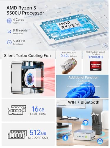 GMKtec Mini PC Computer, G10 Ryzen 5 3500U (Beats N150/N97), 16GB RAM 512GB SSD 2.5GbE NIC LAN Desktop Office Home Business HTPC Proxmox, Triple 4K Display, WiFi, BT, USB-C, DP, Type-C PD, HDMI 2.1 - Image 2