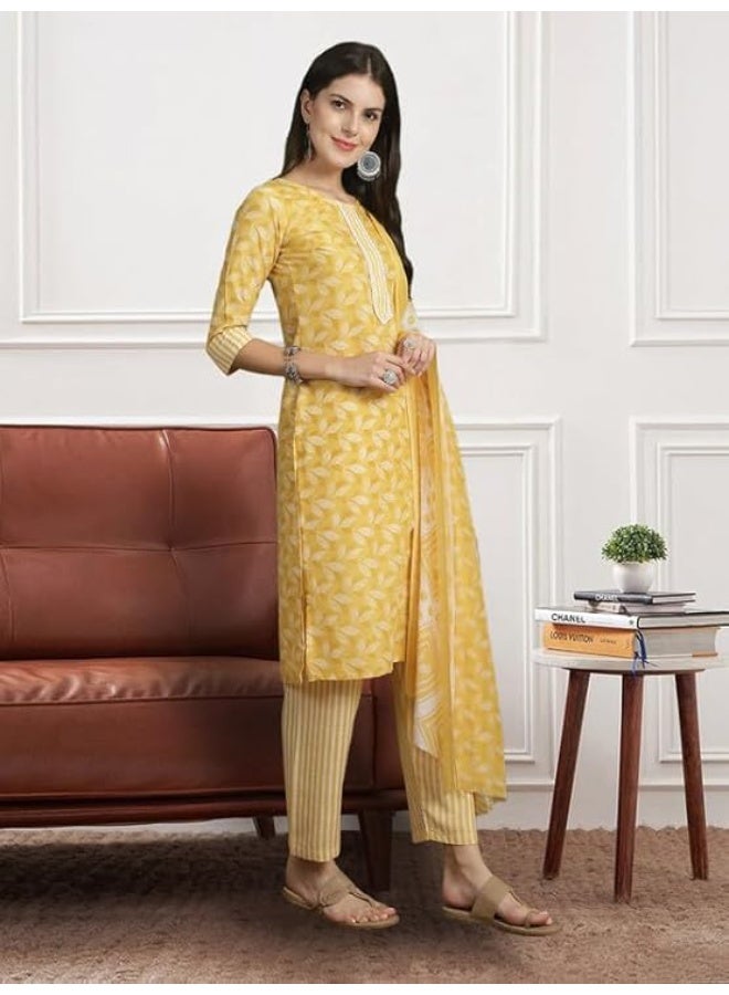 Pinkmint store Salwar Suit Set for Women Cotton Leaf Printed Long Knee Length Straight Kurta Set M - Image 3