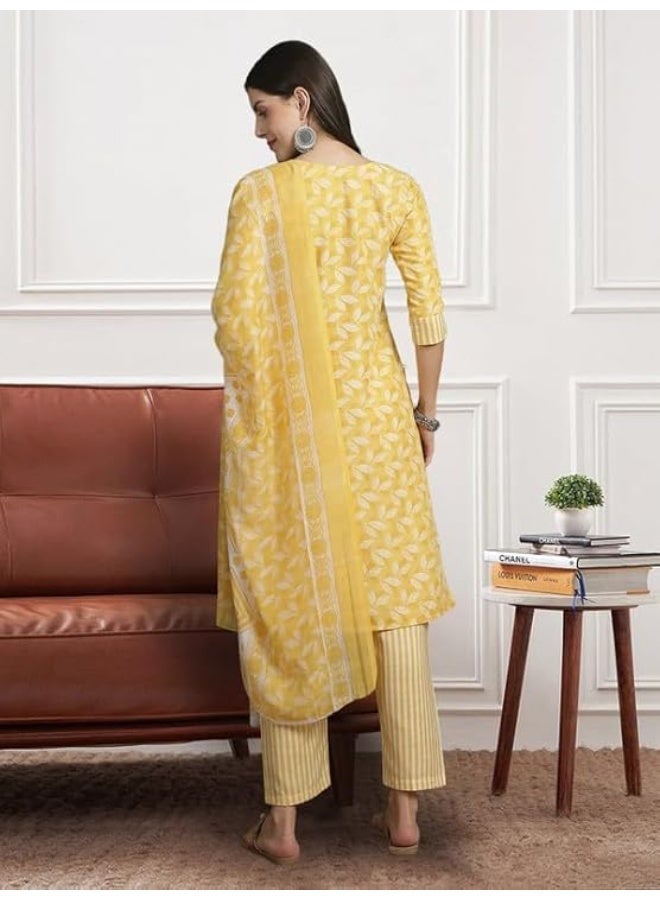 Pinkmint store Salwar Suit Set for Women Cotton Leaf Printed Long Knee Length Straight Kurta Set M - Image 2