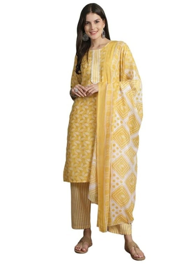 Pinkmint store Salwar Suit Set for Women Cotton Leaf Printed Long Knee Length Straight Kurta Set M - Image 1