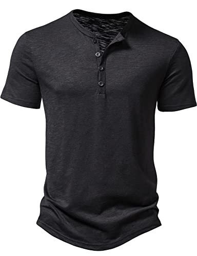 PARKLEES Men's Summer Casual Short Sleeve Henley Shirt Slim Fit 4 Buttons T-Shirts Black Large - Image 1