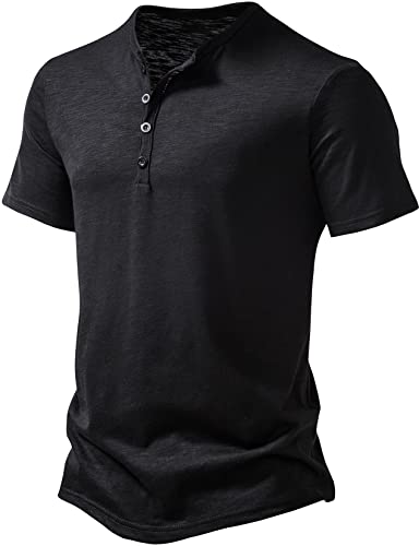 PARKLEES Men's Summer Casual Short Sleeve Henley Shirt Slim Fit 4 Buttons T-Shirts Black Large - Image 2