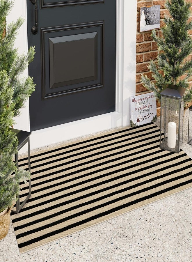 Sungea Outdoor Rug Front Door Mat 2'x4.3', Cotton Indoor Doormat Washable Black and Tan Striped Rug, Stain Resistant Reversible Layered Door Mats for Entryway/Farmhouse/Home Entrance - Image 2