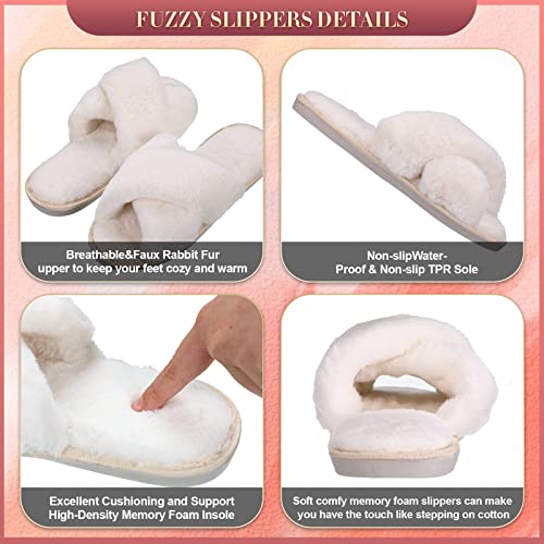 Newcotte 4 Pairs Women's Fuzzy Slippers Bridesmaid Slippers Open Toe Cross Band Plush Furry House Soft Fluffy Cozy(White,9-10) - Image 2