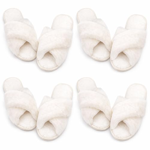 Newcotte 4 Pairs Women's Fuzzy Slippers Bridesmaid Slippers Open Toe Cross Band Plush Furry House Soft Fluffy Cozy(White,9-10) - Image 1