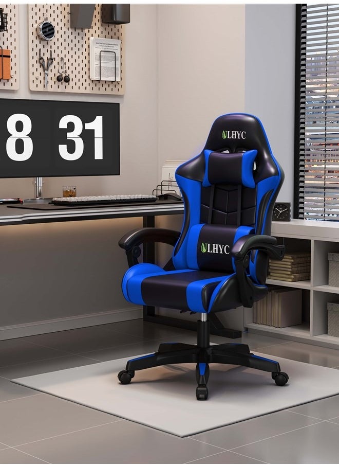 ULHYC - Esports Gaming Chair, Adjustable Computer Chair, Computer Office, Pu Leather, High Backrest, Lumbar Support, Comfortable Armrests, Headrest With Footrest,Dark Blue 24.8X24.8X44 Inch - Image 1