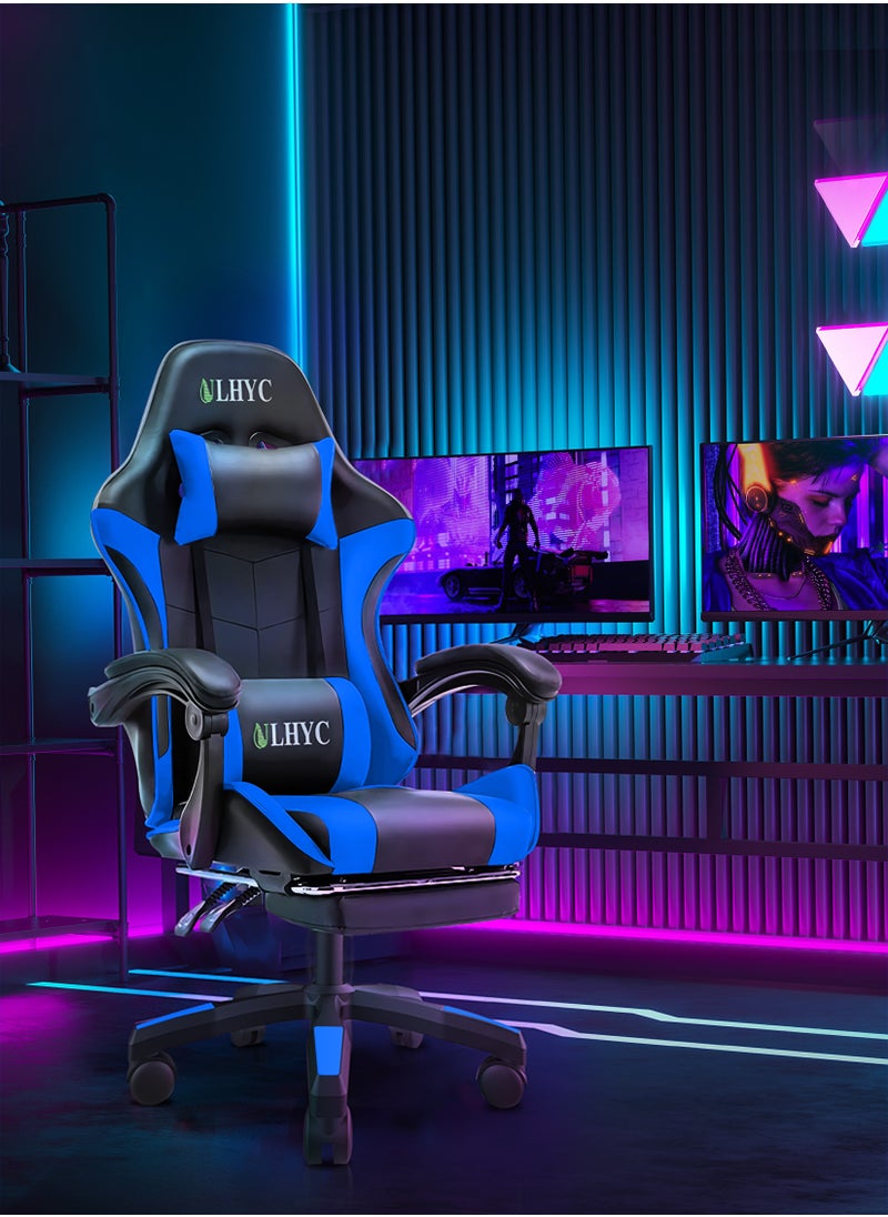 ULHYC - Esports Gaming Chair, Adjustable Computer Chair, Computer Office, Pu Leather, High Backrest, Lumbar Support, Comfortable Armrests, Headrest With Footrest,Dark Blue 24.8X24.8X44 Inch - Image 1