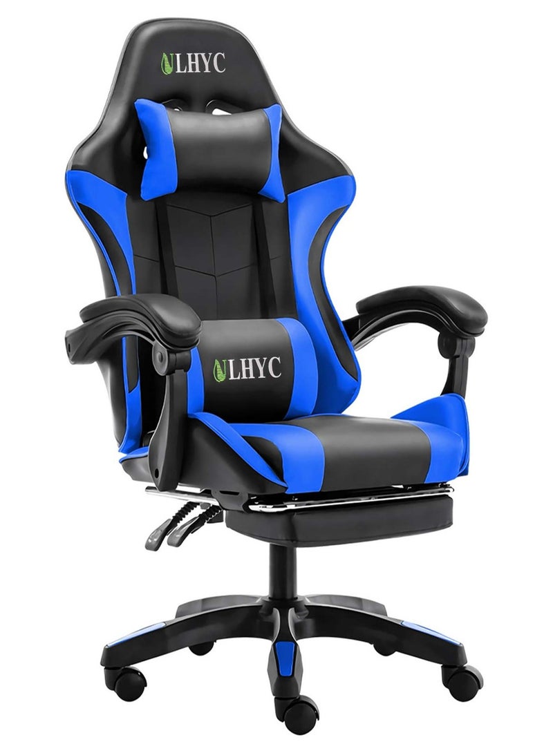 يو إل اتش واي سي كرسي ألعاب الرياضات الإلكترونية، كرسي كمبيوتر قابل للتعديل، مكتب الكمبيوتر، جلد البولي يوريثان، مسند ظهر مرتفع، دعم قطني، مساند أذرع مريحة، مسند رأس مع مسند للقدمين، أزرق داكن 24.8 × 24.8 × 44 بوصة - Image 1