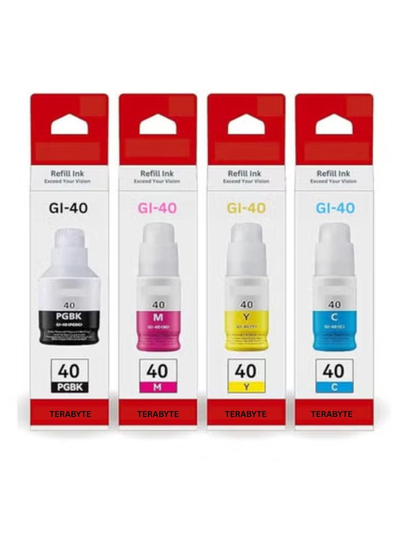 Terabyte GI-40 PGBK/C/M/Y (4-Pack Pigment Black Cyan Magenta Yellow) GI 40 Compatible Ink Bottle Replacement for Guaranteed Compatibility with PIXMA G6040 G5040 GM2040 G7040 GM4040 - Image 1