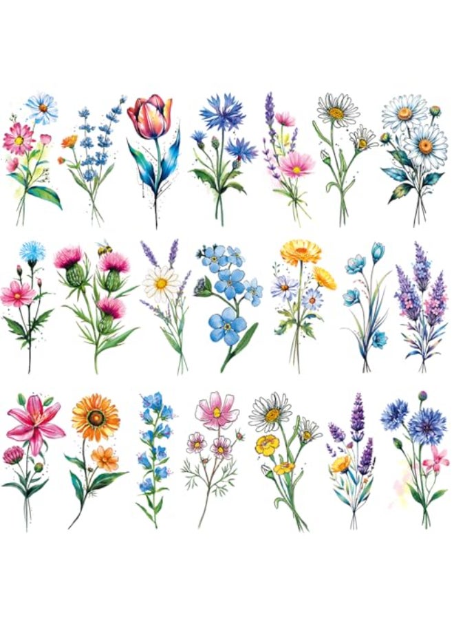 Tazimi 20 Sheets 3D Watercolor Flowers Temporary Tattoos For Women Girls Lily Daisy Lavender Dandelion Rose Tiny Floral Tattoos Sticker Realistic Long Lasting Fake Tattoo Stickers - Image 1