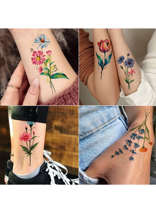 Tazimi 20 Sheets 3D Watercolor Flowers Temporary Tattoos For Women Girls Lily Daisy Lavender Dandelion Rose Tiny Floral Tattoos Sticker Realistic Long Lasting Fake Tattoo Stickers - Image 4