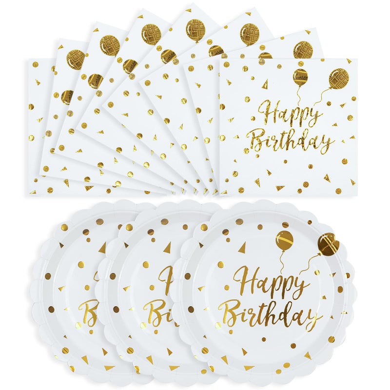 HFBOBP 50PCS Happy Birthday Paper Plates and Napkins - 7 Inch Birthday Cake Plates Scalloped White and Gold Dessert Plates and 6.5 Inch Napkins Disposable Tableware Set, Serves 25 - Image 1