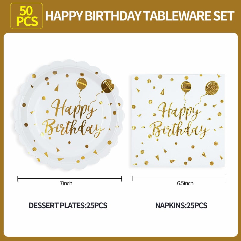 HFBOBP 50PCS Happy Birthday Paper Plates and Napkins - 7 Inch Birthday Cake Plates Scalloped White and Gold Dessert Plates and 6.5 Inch Napkins Disposable Tableware Set, Serves 25 - Image 3